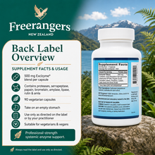 Back label view of AST Excellacor Exclzyme showing supplement facts, usage information and vegetarian capsule details with FreeRangers New Zealand branding.