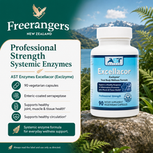 AST Enzymes Excellacor Exclzyme systemic enzyme supplement with 90 vegetarian capsules, shown with FreeRangers New Zealand branding and a clean NZ greenery background.