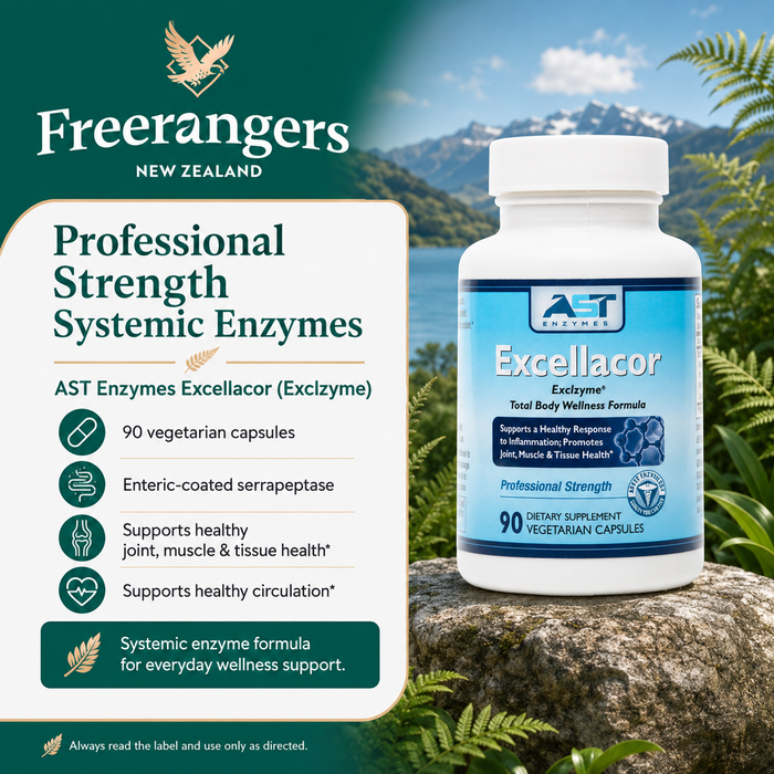 AST Enzymes Excellacor Exclzyme systemic enzyme supplement with 90 vegetarian capsules, shown with FreeRangers New Zealand branding and a clean NZ greenery background.