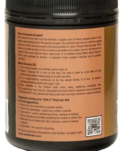 Waihi Bush Coconut Oil - Organic Extra Virgin 500 grams