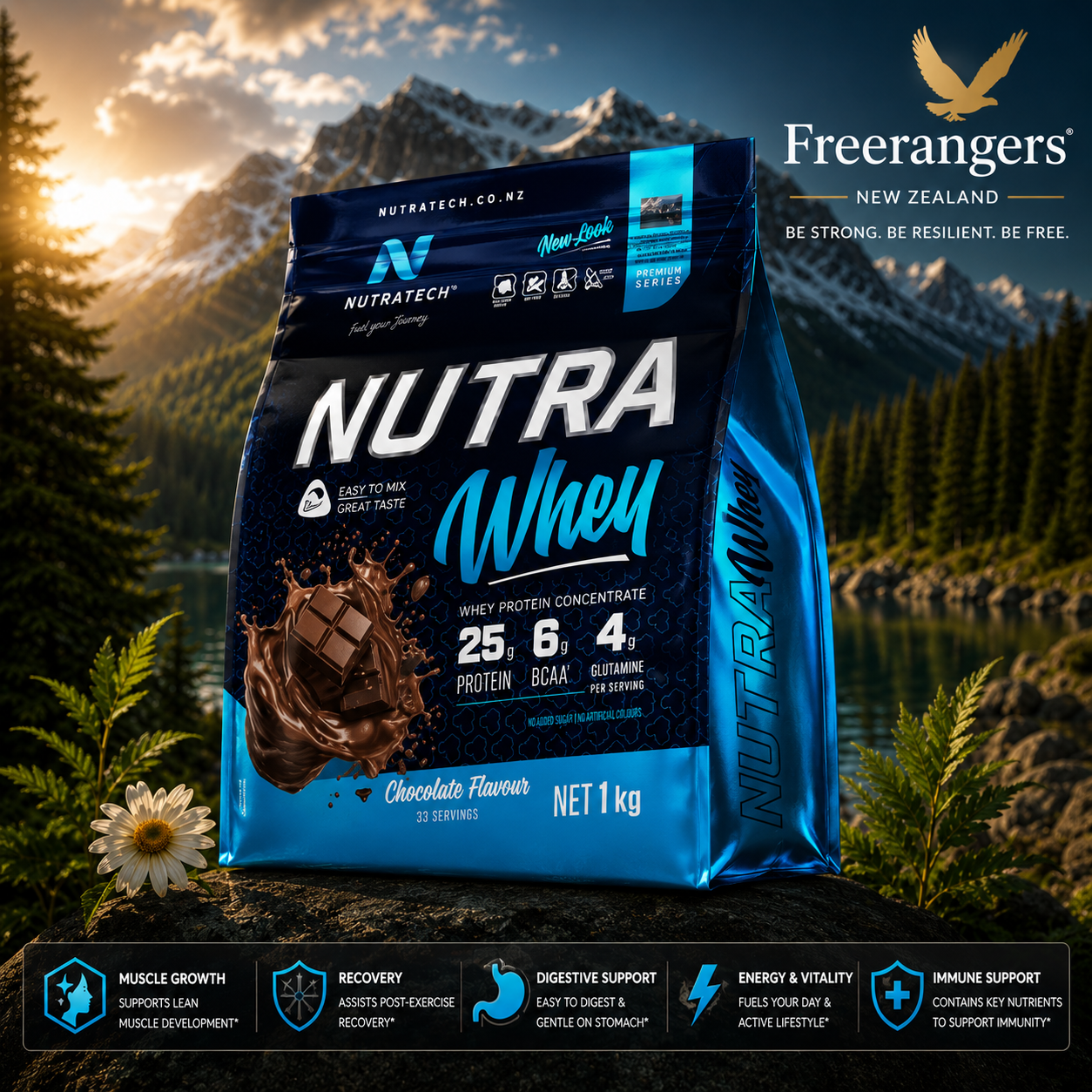 NutraTech Whey Protein Powder Muscle & Recovery Support - Chocolate, Vanilla & Natural - 1kg