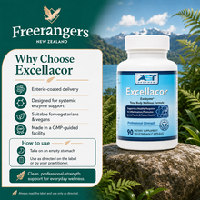AST Excellacor Exclzyme systemic enzyme supplement with product benefits, usage guidance, and FreeRangers New Zealand branding in a natural outdoor setting.